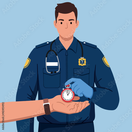Emergency Medical Technician Holding Stopwatch for Response Time Illustration 