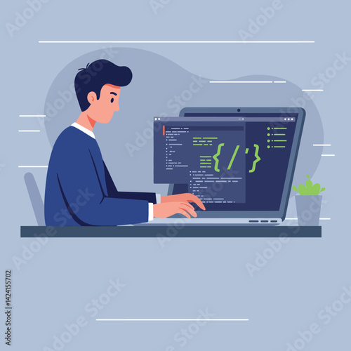 Young man coding software on laptop at desk with plant in modern workspace