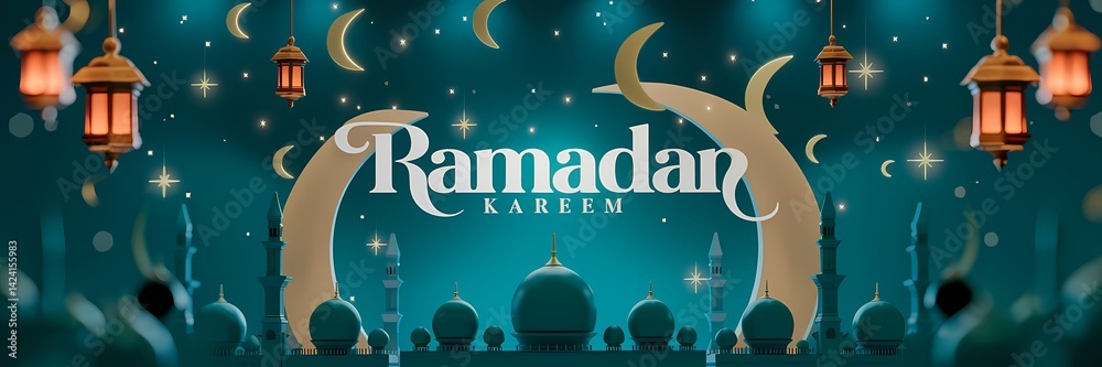Fototapeta premium Festive vibrant Ramadan design featuring glowing lanterns crescent moons sparkling stars mosque silhouettes on rich teal background with elegant white Ramadan Kareem typography celebrating holy month