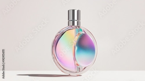 A perfume bottle with a silver cap and a rainbow-colored liquid inside.