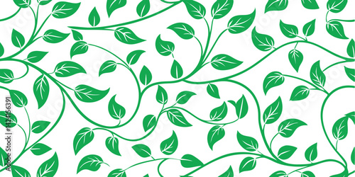 seamless green botanical pattern featuring stylized leaves and vines creating a vibrant natural background