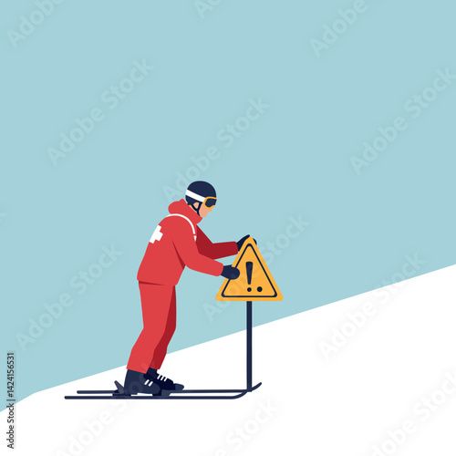 Ski patrol placing warning sign on snowy slope in cold weather outdoor scene 