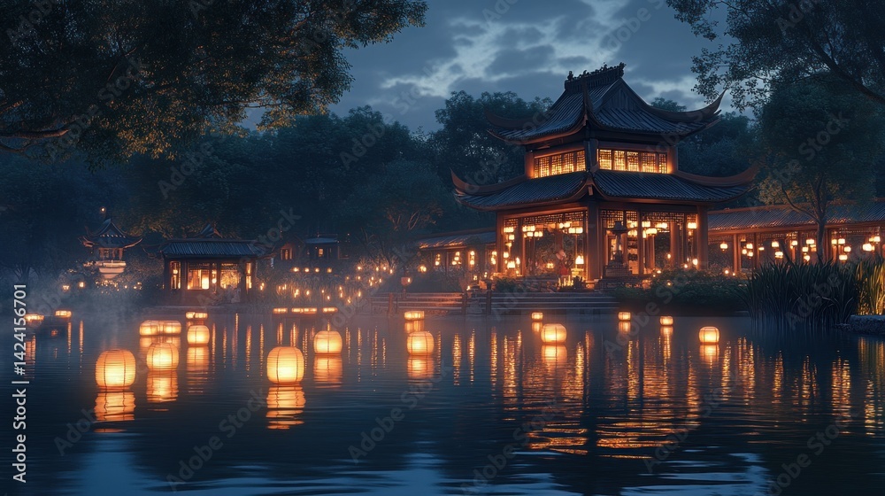 Evening Asian garden scene, lit by lanterns. Tranquil pond with traditional pagodas Evening Asian garden scene, lit by lanterns. Tranquil pond with traditional pagodas