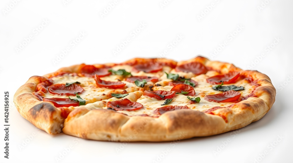 Freshly Baked Italian Pizza with Mozzarella, Pepperoni, Tomatoes, Olives and Basil – High-Resolution Isolated Food Image on White Background for Restaurant, Menu & Culinary Use Freshly Baked Italian Pizza with Mozzarella, Pepperoni, Tomatoes, Olives and Basil – High-Resolution Isolated Food Image on White Background for Restaurant, Menu & Culinary Use