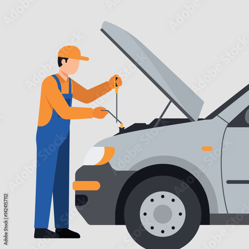 Mechanic Checking Dipstick in Car Engine Vector Illustration for Vehicle Maintenance 
