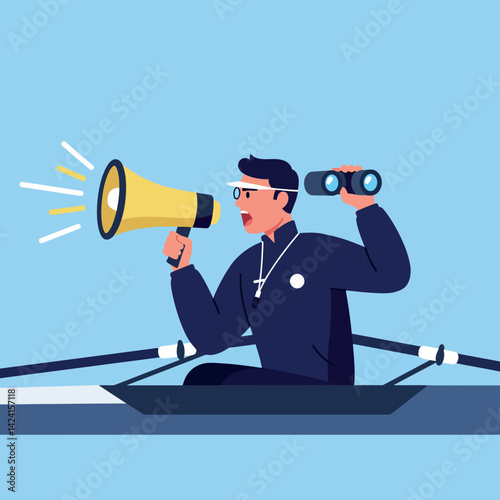 Rowing coach with megaphone and binoculars on water training guidance vector 