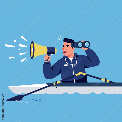 Man shouting through megaphone while rowing boat and holding binoculars vector illustration 