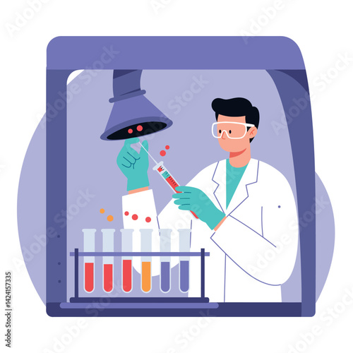 Scientist conducting chemical experiment in laboratory with test tubes and safety equipment vector illustration 