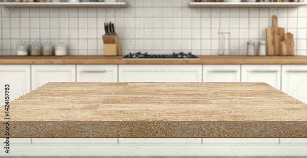 Modern kitchen countertop, empty space for product display. Clean, bright, and minimalist style. Wooden surface ready for presentation Modern kitchen countertop, empty space for product display. Clean, bright, and minimalist style. Wooden surface ready for presentation