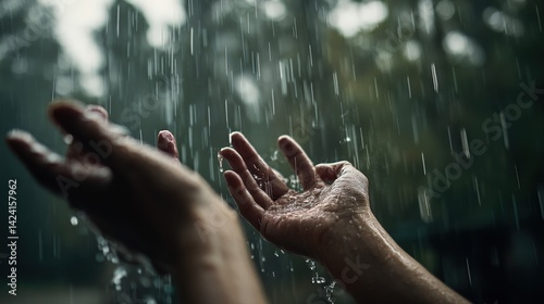 Catching raindrops outdoor setting realistic photography natural environment close-up view hands in action