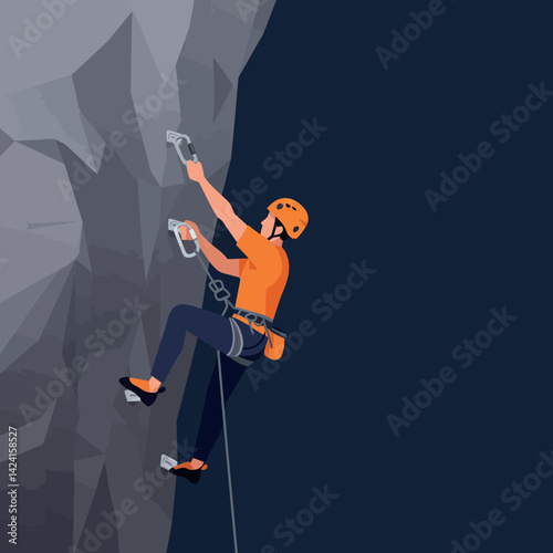 Man rock climbing with orange helmet and gear on dark grey cliff vector illustration 