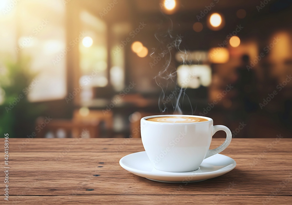 Steaming coffee cup sits on a wooden surface, presenting a warm and inviting cafe environment filled with soft natural light, perfect for enjoying a moment of relaxation Steaming coffee cup sits on a wooden surface, presenting a warm and inviting cafe environment filled with soft natural light, perfect for enjoying a moment of relaxation