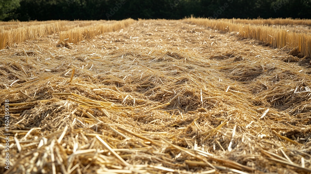 The field after harvesting, covered with golden straw. The rows of beveled stems are neatly laid out, creating a textured pattern that goes into the distance. The field after harvesting, covered with golden straw. The rows of beveled stems are neatly laid out, creating a textured pattern that goes into the distance.