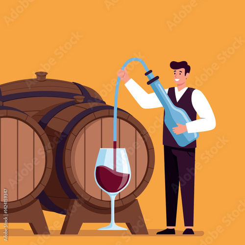 Wine sommelier pouring red wine into glass with wooden barrels background vector 