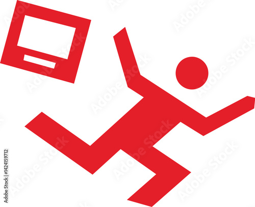 Falling Hazard Icon with Toppling Object, Red Warning Symbol of Person Slipping with Falling Monitor