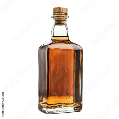 A whiskey bottle with a cork and label, isolated on a transparency background
