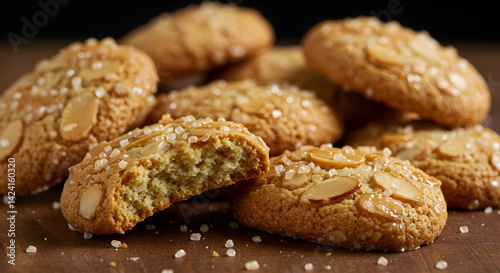 Pile Of Delicious Almond Cookies Sprinkled With Sugar Crystals