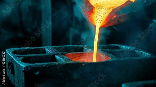 Molten metal pours into an angular, rusty mold