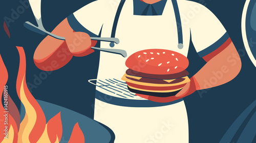 Man holding grilled burger with tongs next to BBQ flame
