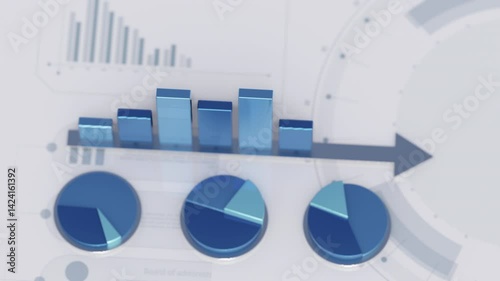 Growing bar graph and pie charts on a digital screen showcasing infographics regarding financial market. 4K resolution animation for data analysis visualization.