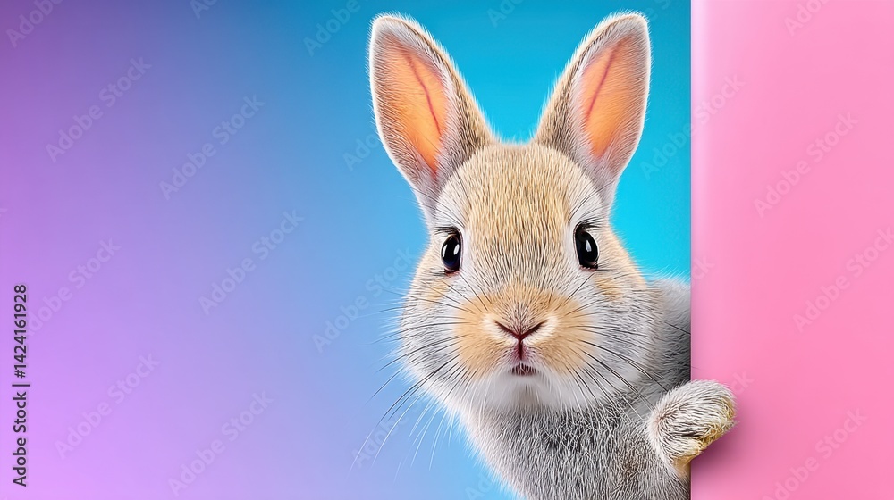Fototapeta premium Fluffy Brown Rabbit Peeking Behind Pink Surface on Gradient Background