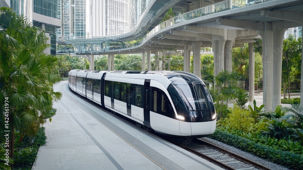 Naklejka premium Modern, urban light rail train glides through a landscaped, elevated walkway system in a city