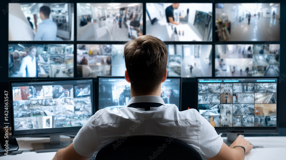 Male security operator working in system control room, observing multiple monitors displaying CCTV cameras footage