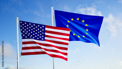 flags of union european and USA flags over blue sky background.