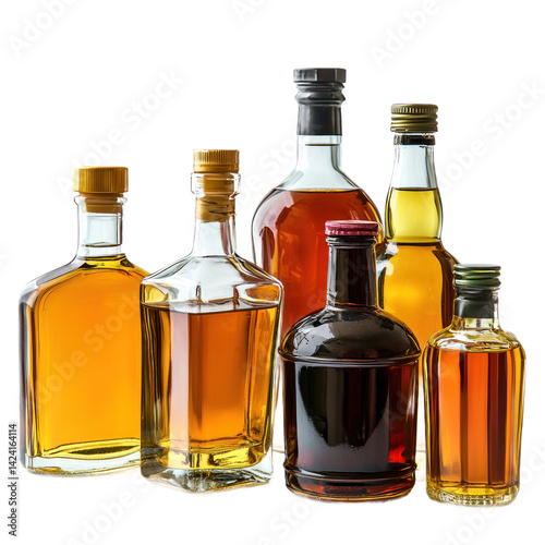 A selection of liquor bottles in various sizes, isolated on a transparency background