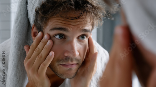 Handsome man with a towel on his head touching his face skin while looking at the mirror in the bathroom