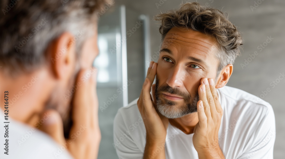 Worried man touching his face and looking at his reflection in the mirror, searching for wrinkles and aging signs