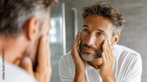 Obraz na płótnie Worried man touching his face and looking at his reflection in the mirror, searching for wrinkles and aging signs w salonie