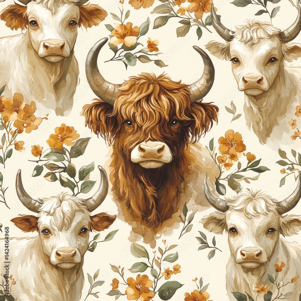 Elegant Cattle and Floral Watercolor Pattern for Textile and Decor projects