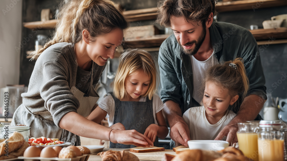 Parents helping daughters spreading jam, cutting bread while cooking together in warm kitchen, showing family connection and care