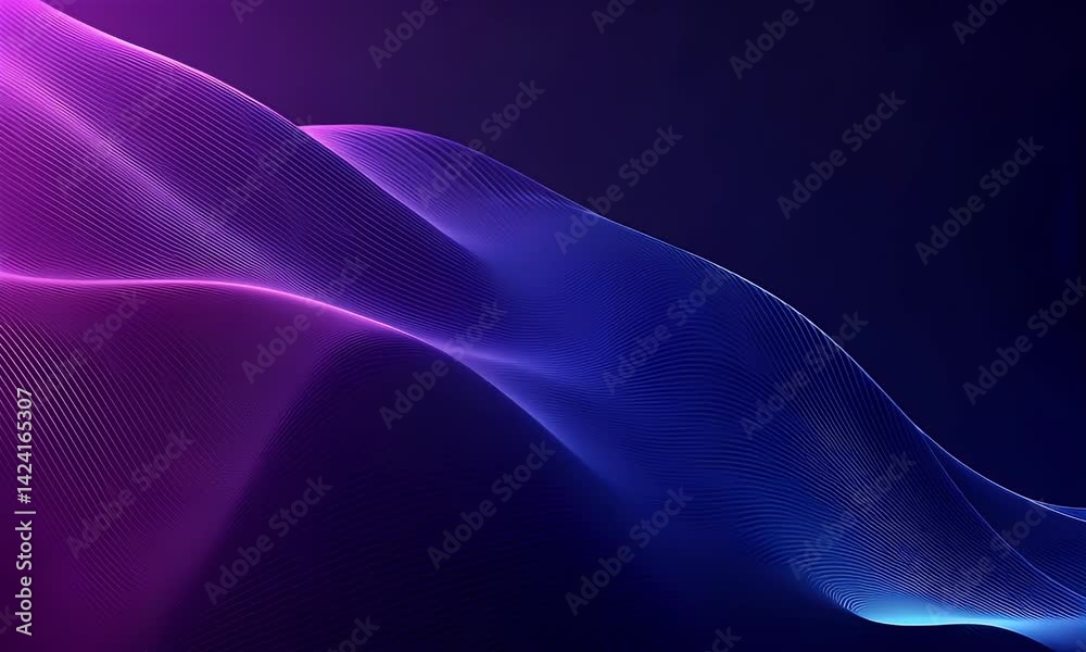 Abstract purple and blue gradient background with glowing wavy lines, an AI-generated technology concept