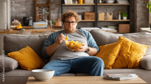 Sedentary male lounging on sofa, consuming potato chips from bowl while relaxing during weekend downtime