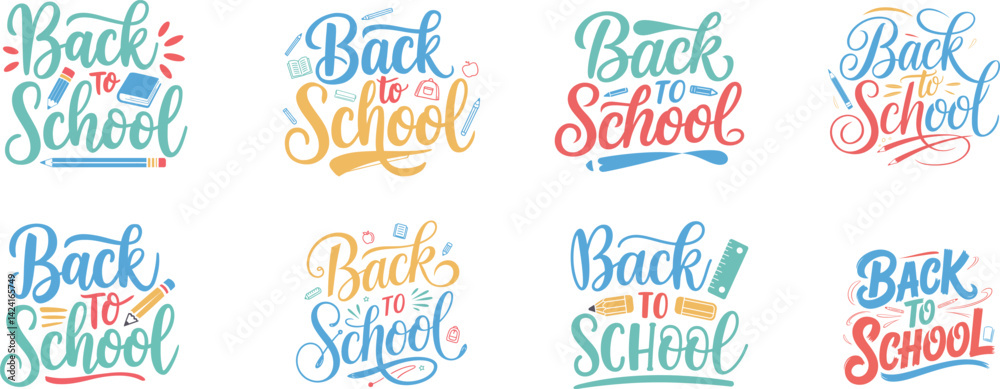 Back to School calligraphy Design, Hand drawn lettering Colorful text isolated on white background Back to School calligraphy Design, Hand drawn lettering Colorful text isolated on white background
