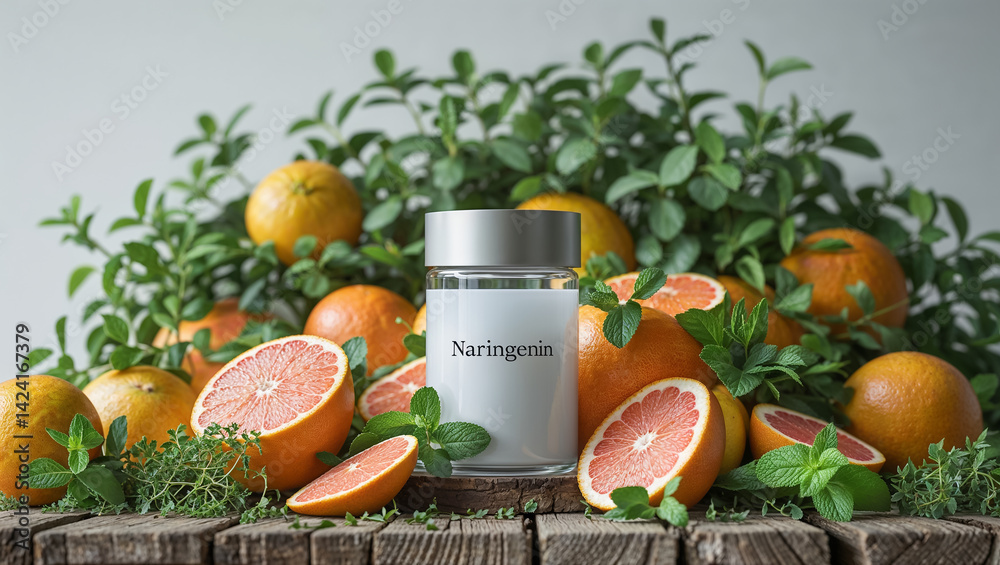 container with inscription naringenin, many citrus, mint background