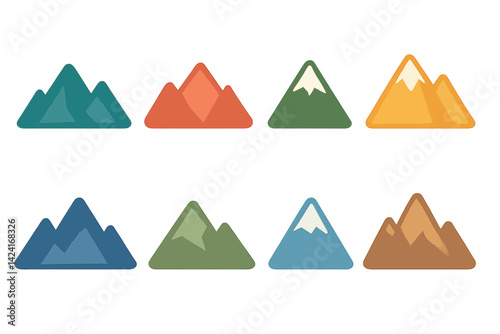 Stylized mountain icons are designed in a flat style and include various colors and shapes of mountains