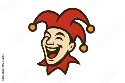 A vector illustration of a jester head logo is presented with flat colors and simple shapes, showcasing the JoKeR's laughing face and classic red hat