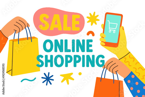 The concept of a sale banner, presented as a vector illustration, incorporates bright and trendy colors, with a collage of hands clutching shopping bags and a smartphone, specifically designed for