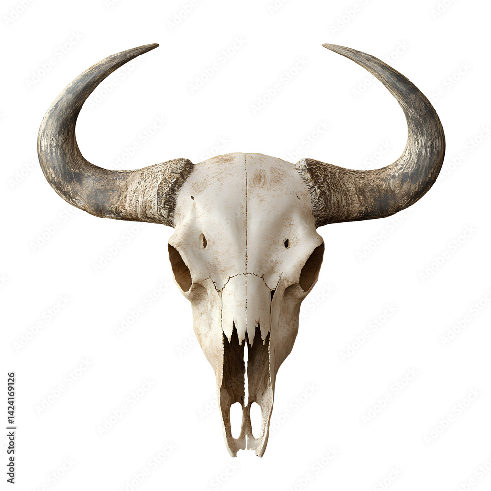 Fototapeta premium Realistic Animal Skull with Curved Horns – Boho Gothic Wall Art or Tattoo Reference