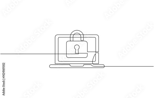 Continuous one single line drawing of laptop and padlock on screen as business concept of cyber security, One Continuous Line Drawing of Computer Security Icon. Single Line Vector Illustration.