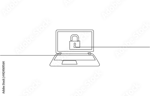 Continuous one single line drawing of laptop and padlock on screen as business concept of cyber security, One Continuous Line Drawing of Computer Security Icon. Single Line Vector Illustration.