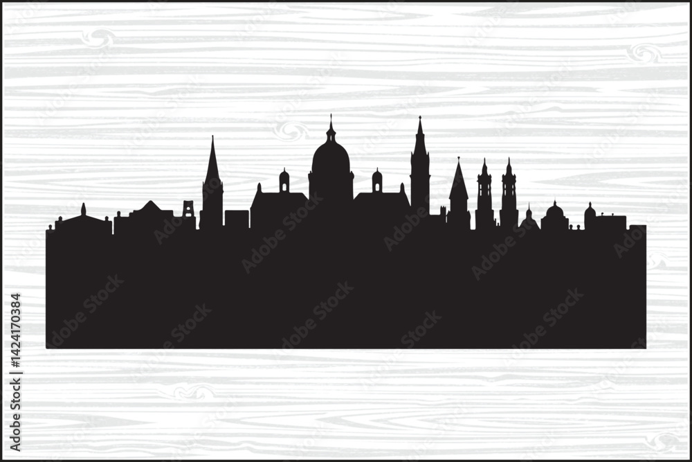 Fototapeta premium Historic City Skyline Silhouette Vector – Classic European ArchitectureUrban Skyline Silhouette with Domes and Towers – PNG SVG EPS BundleBlack Cityscape Silhouette of Iconic Buildings – Vector Il