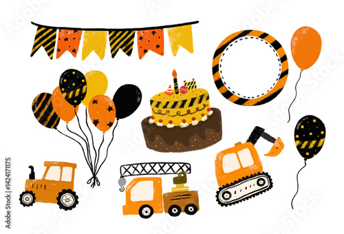 cute set construction site kids boy birthday party frame celebration invitation card design theme in orange black yellow colorful bright vibrant color heavy machinery digger crane clipart vector