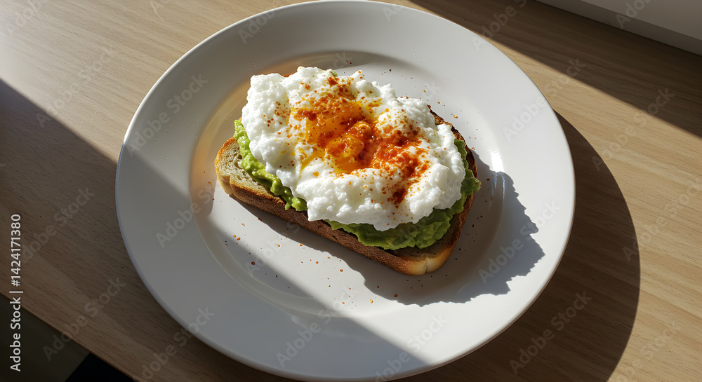 Toasted Bread With Avocado And Poached Egg On White Ceramic Plate