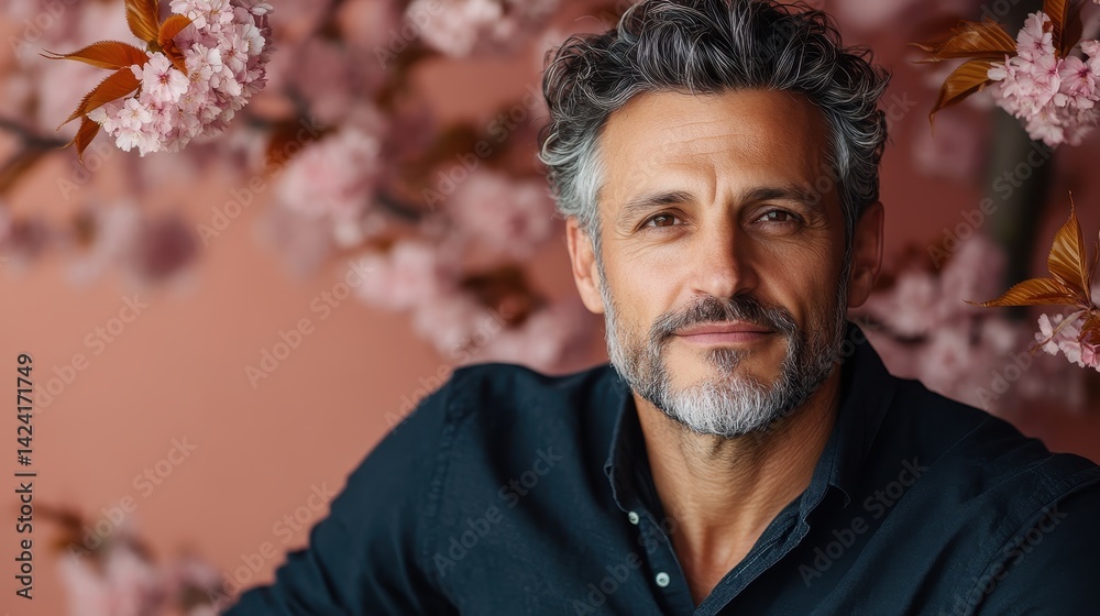 A poised and elegant man with salt-and-pepper hair is captured against a backdrop of beautiful cherry blossoms, exuding confidence and warmth amid a soft, inviting atmosphere. A poised and elegant man with salt-and-pepper hair is captured against a backdrop of beautiful cherry blossoms, exuding confidence and warmth amid a soft, inviting atmosphere.