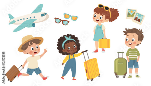 Set of summer travel icons. Cute Kids Traveling with Luggage Vector Illustration Set. little kid go traveling and feel happy