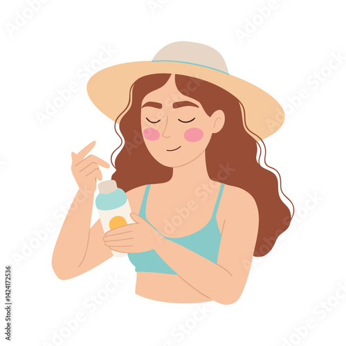 Young woman in summer hat applying sunscreen lotion vector Illustration.